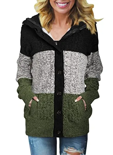Women Hooded Knit Cardigans Button Cable Sweater Coat