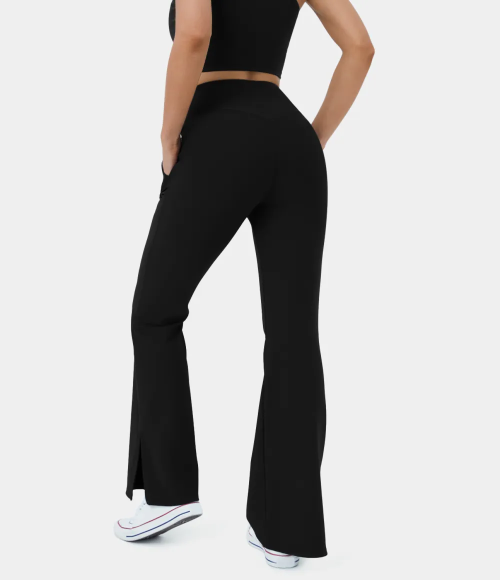 Patitoff Flow Pet Hair Resistant Crossover Pocket Split Hem Yoga Flare Leggings-Smile