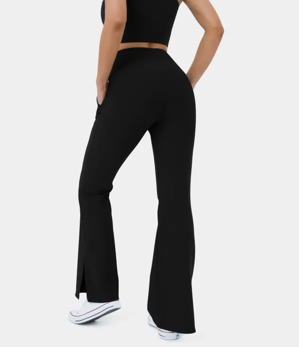 Patitoff Flow Pet Hair Resistant Crossover Pocket Split Hem Yoga Flare Leggings-Smile