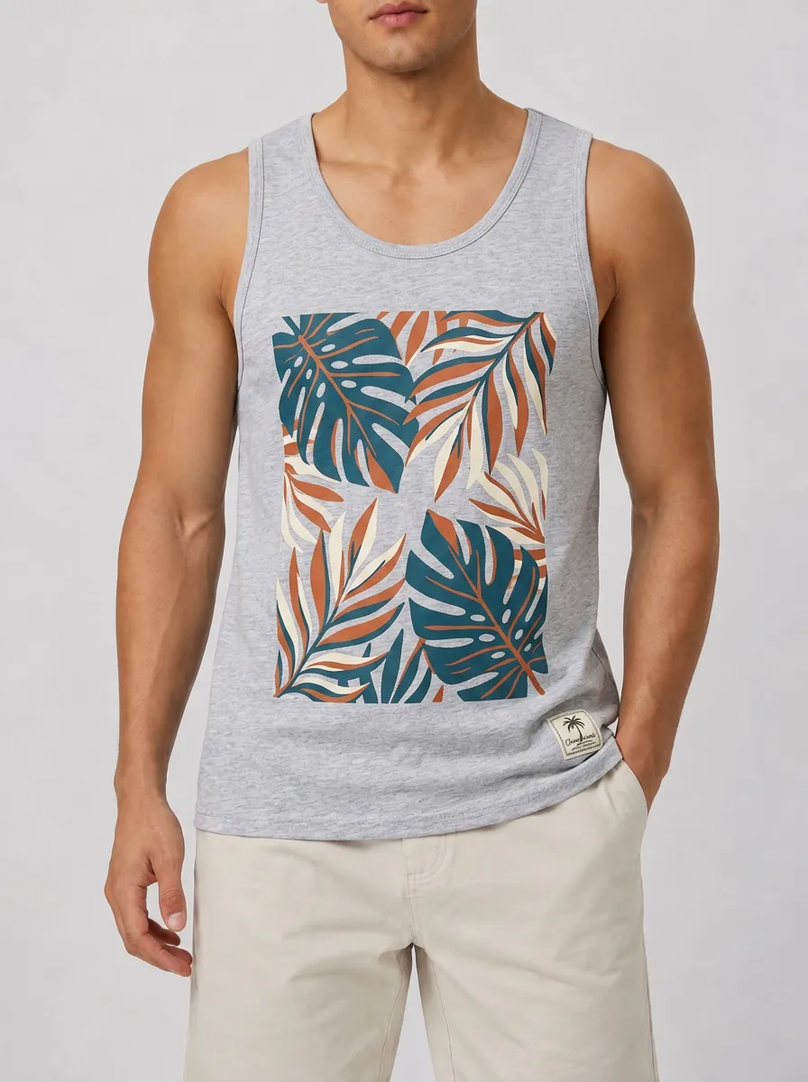 Men's Tropical Summer Beach Monstera Leaf Printed Tank Top