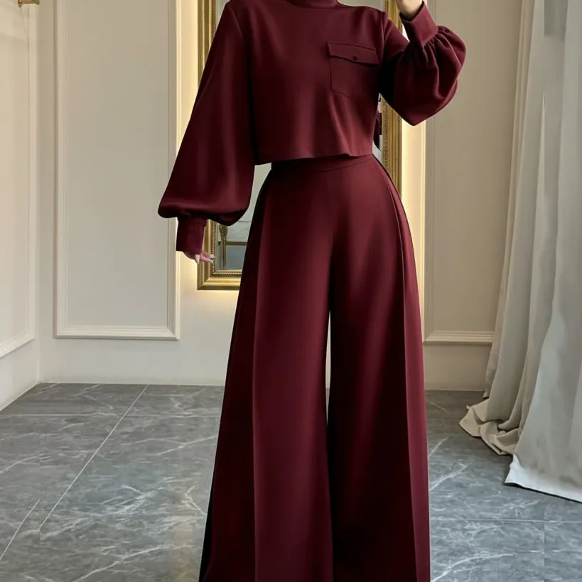 Wide-Leg Long-Sleeve Knit Women's Matching Set