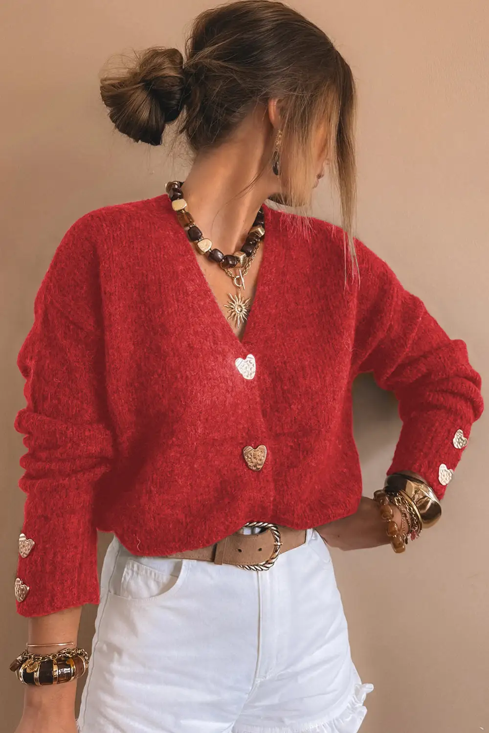Heart Metal Button V Neck Cardigan