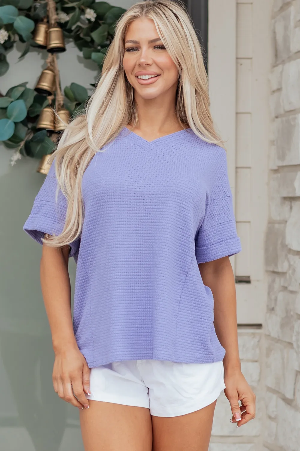 Wisteria Waffle V Neck Short Sleeve Top