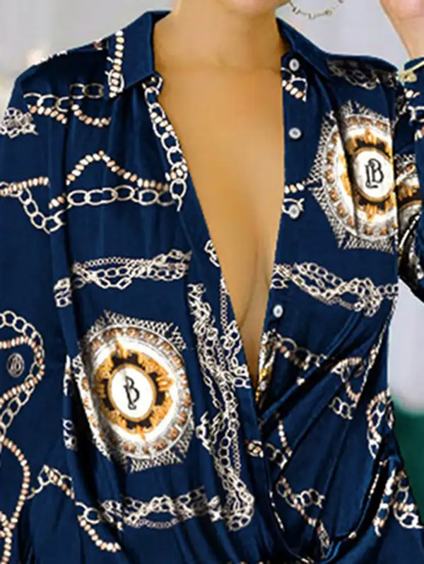 Refined Long Sleeve Relaxed Figure Printed Lapel Mini Dress Shirt Dress