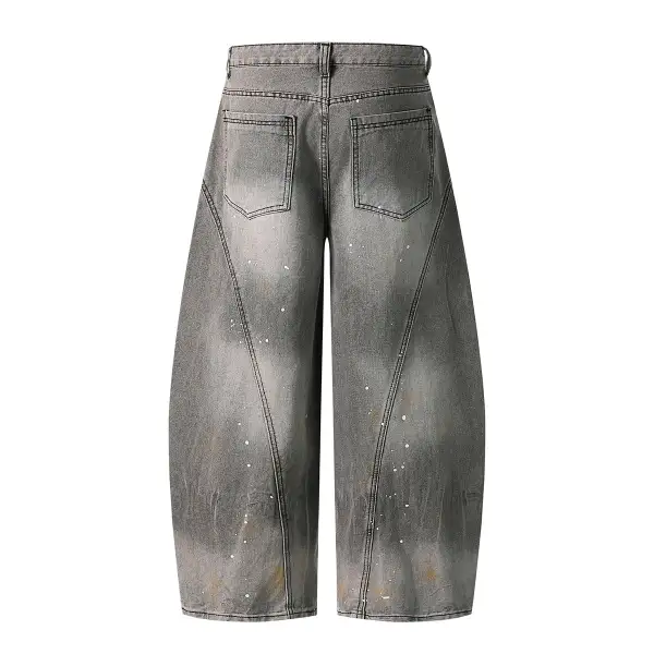 Barrel Leg Splatter Print Paneled Denim Jeans