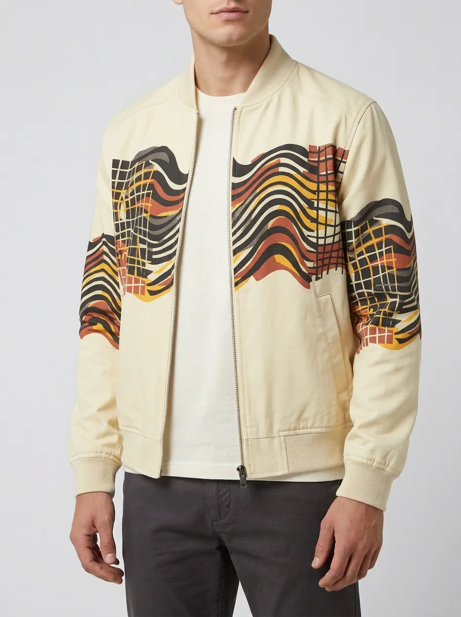 Grid Print Cuffed Sleeves Bomber Jacket