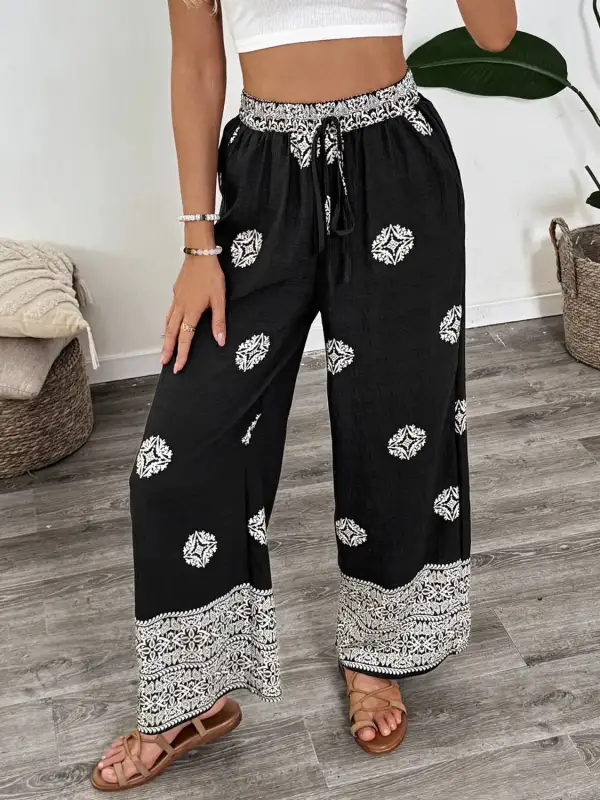 Relaxed Boho Print Wide Leg Pants
