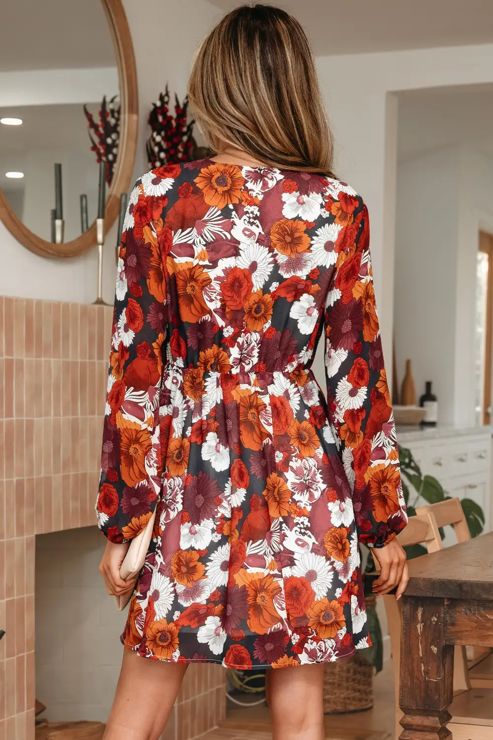 Textured Detail Floral Printed V Neck Mini Dress