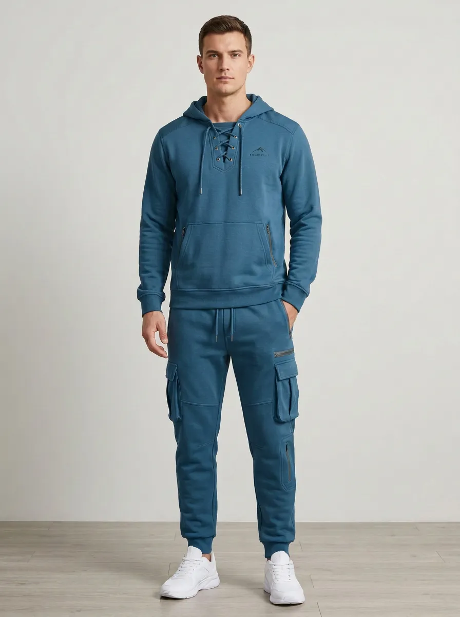 Trail-Inspired Lace-Up Multi Pocket Outdoor Look Men's Lace Up Hoodie And Cargo Jogger Set