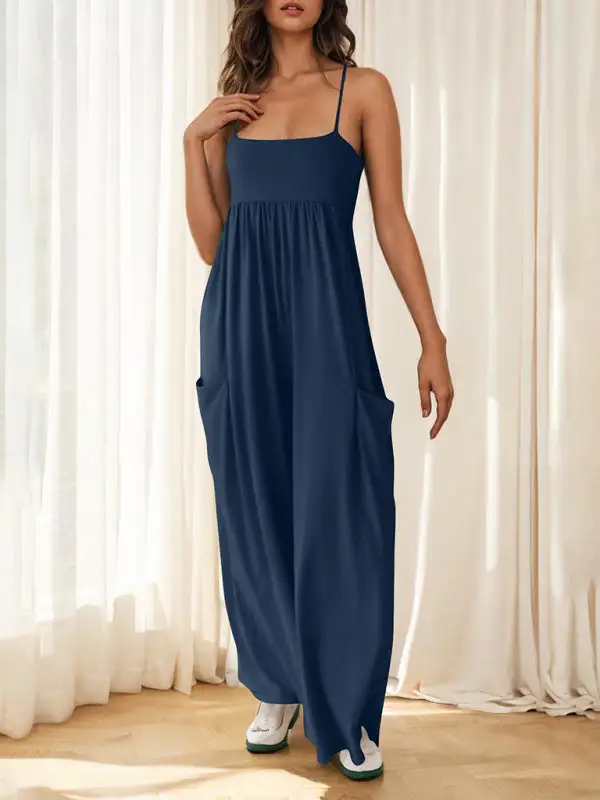 Casual Suspender Sleeveless Square Neck Wide Jumpsuit