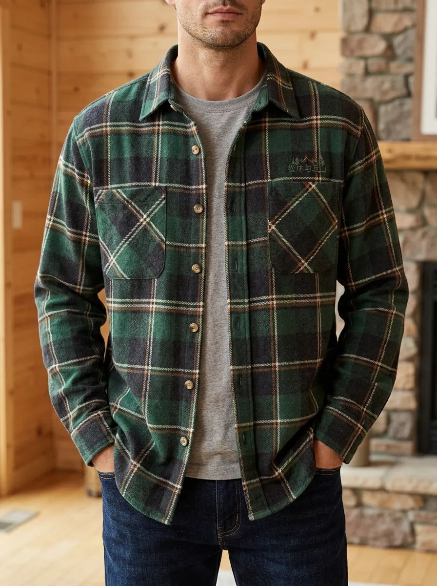 Mountain Forest Twin Pocket Graphic Detail Plaid Shirt