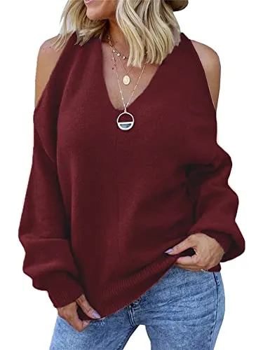 Women's Cold Shoulder Oversized Sweaters Batwing Long Sleeve Square Neck Chunky Knit Fall Tunic Sweater Tops