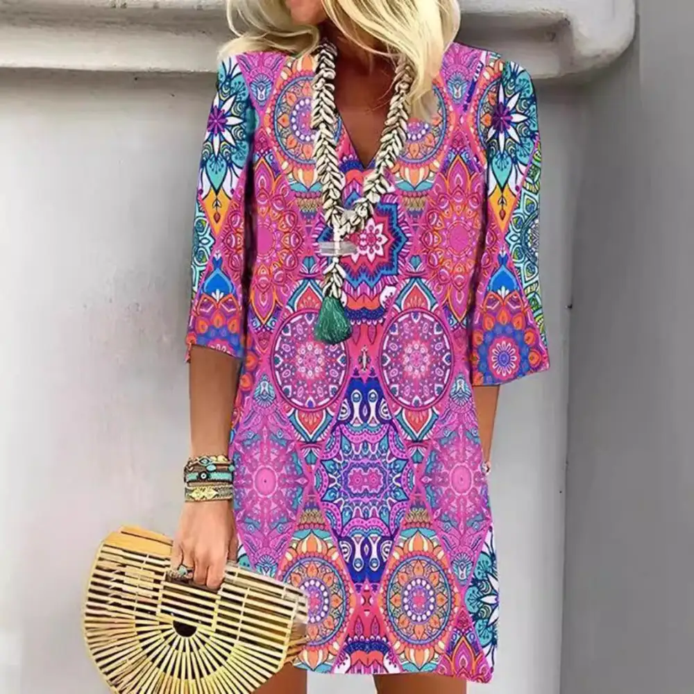 Women's A-Line V-Neck Three-Quarter-Sleeve Belted Dress