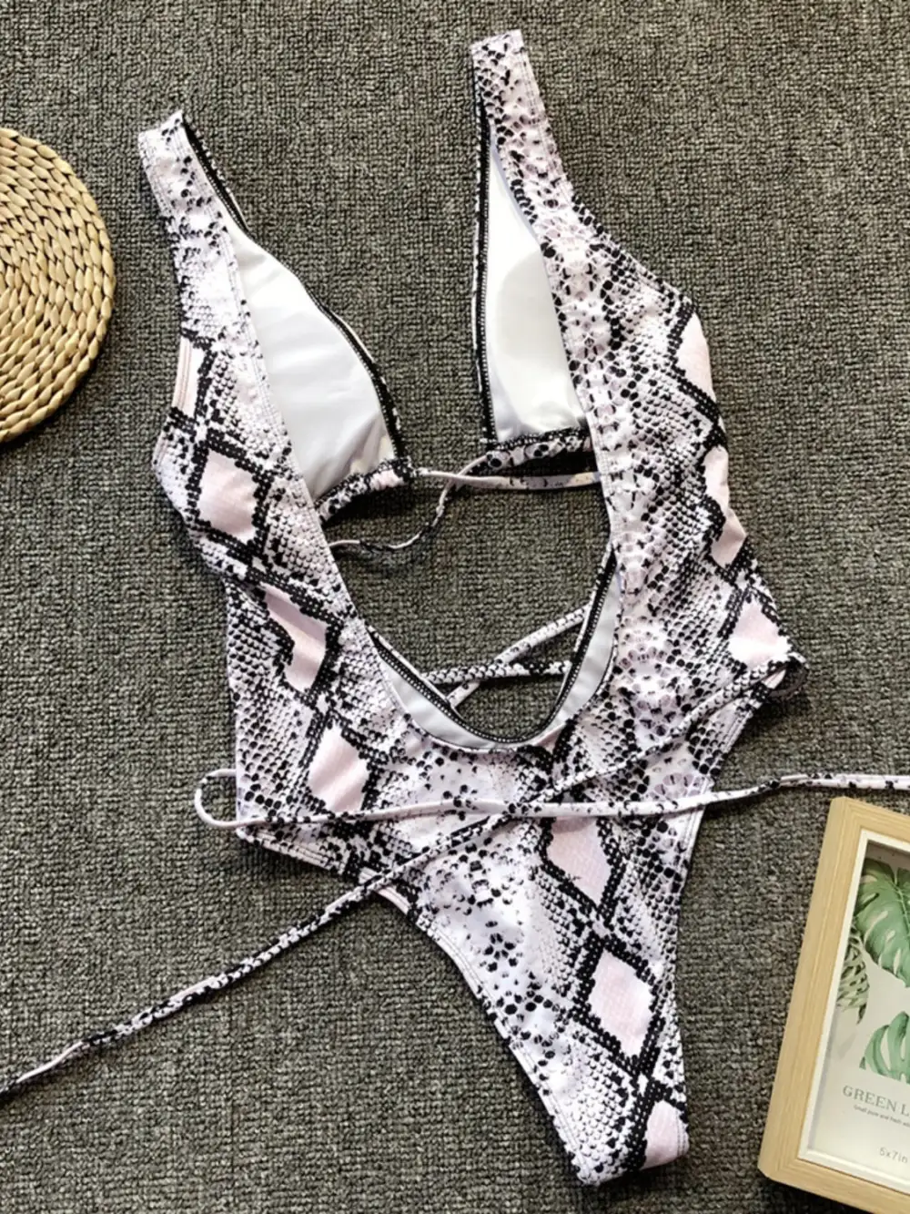Lace Up Backless Plunge One Piece Swimsuit