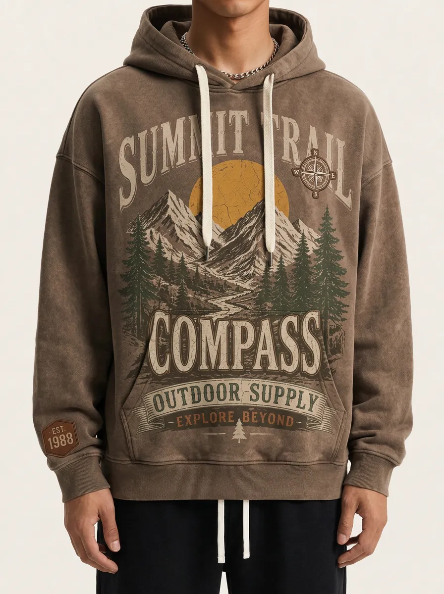Men's Graphic Print Pullover Hoodie with Ribbed Trim