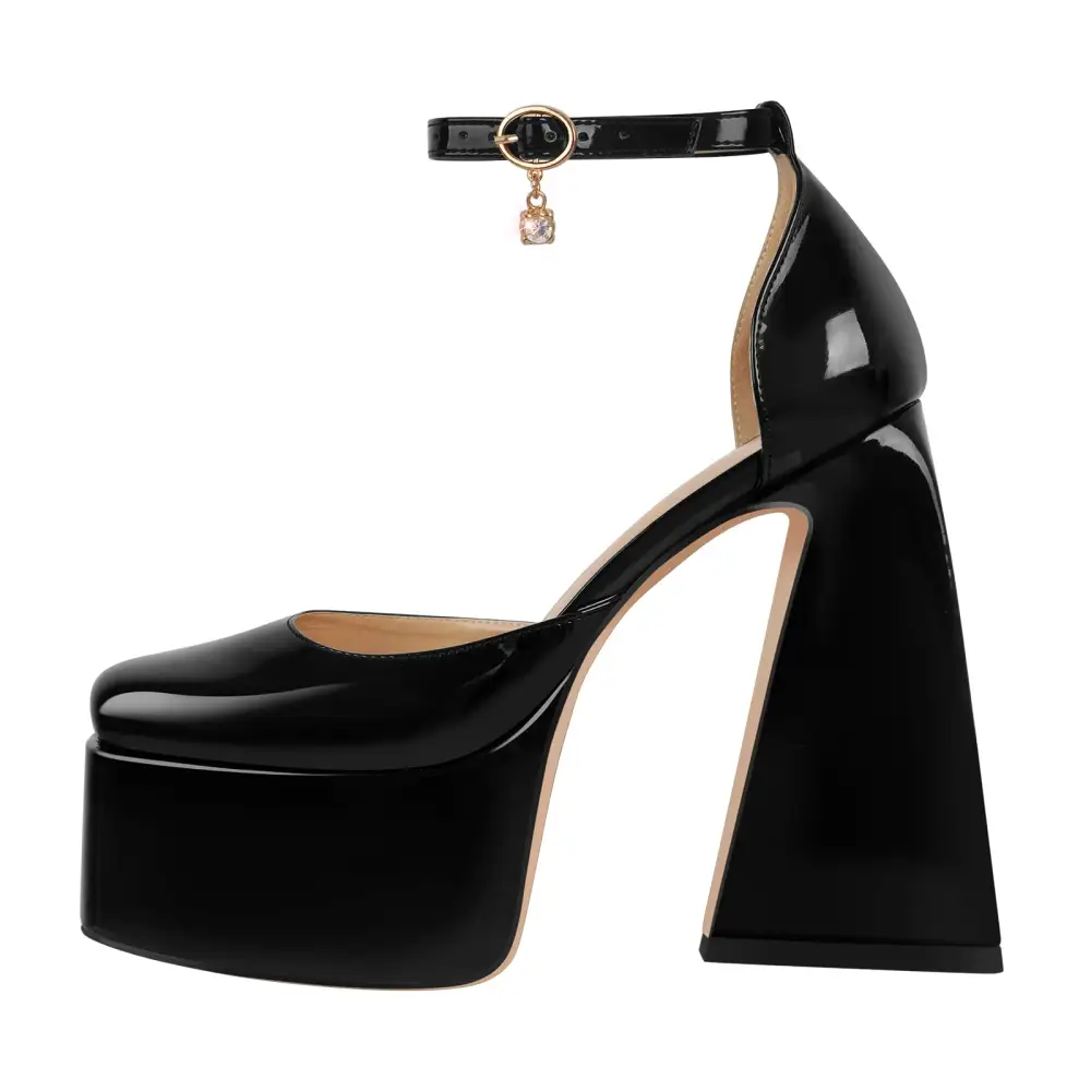 Patent Finish Square Toe Platform Chunky Heel Ankle Strap Pumps