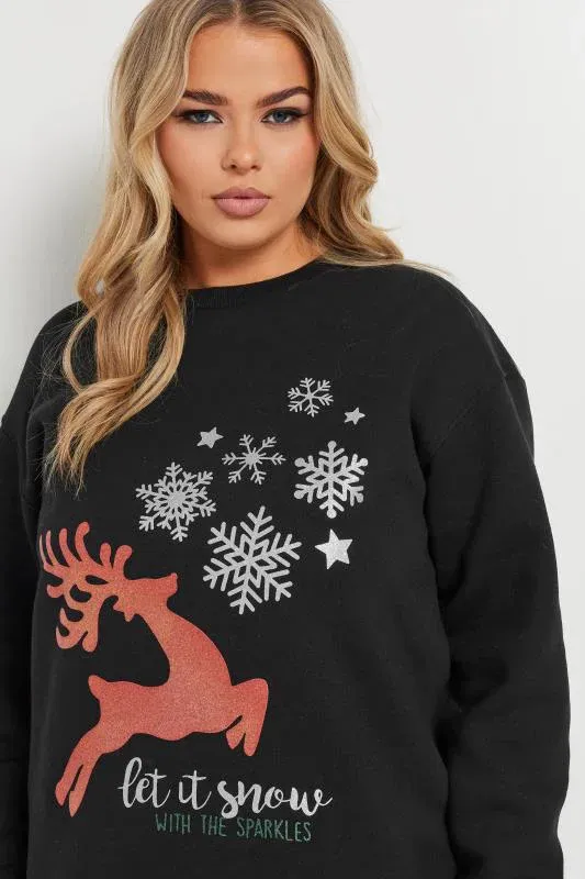 Black 'Let It Snow' Reindeer Print Sweatshirt
