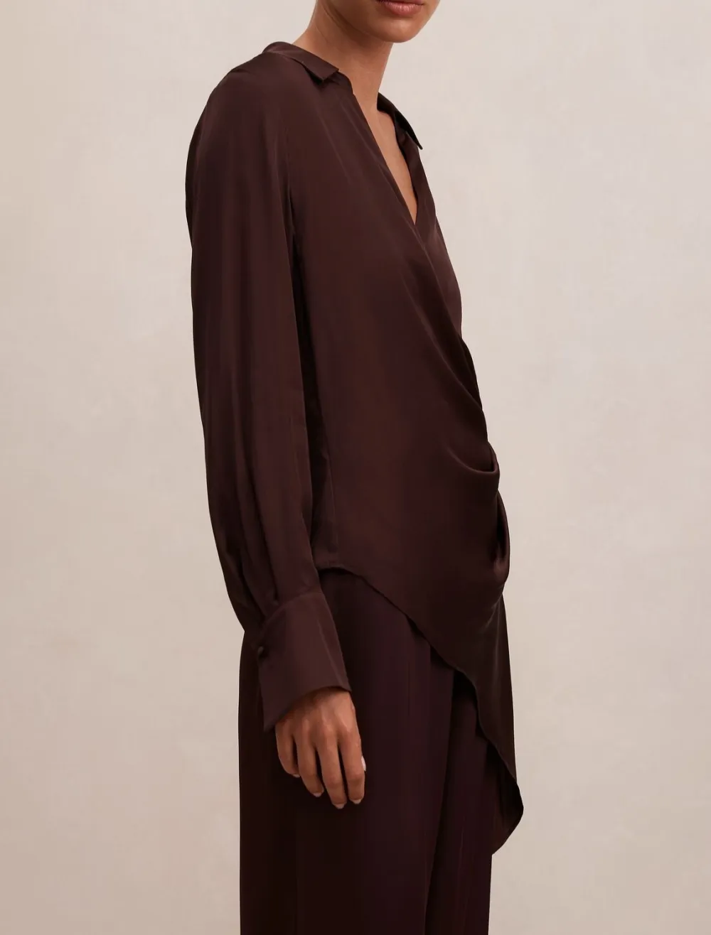Burgundy Asymmetric Wrap-Front Drape Shirt