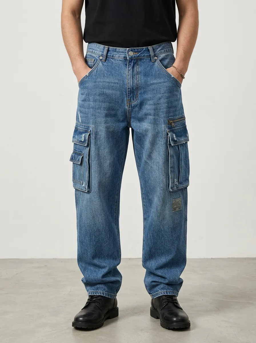 Men's Forge Vintage Distressed Multi-Pocket Denim Cargo Jeans
