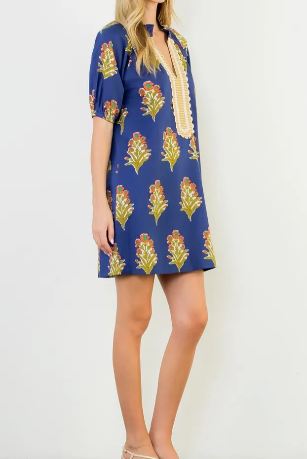Navy Floral Puff Sleeve V-Neck Dress