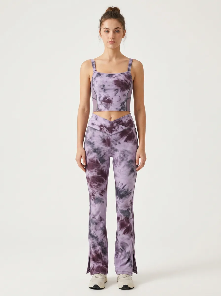 Women's Yoga Fitness Purple Tie-Dye Printed Ribbed Workout Set