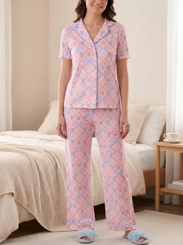 Women's Vintage Floral Ribbon Printed Pajama Set
