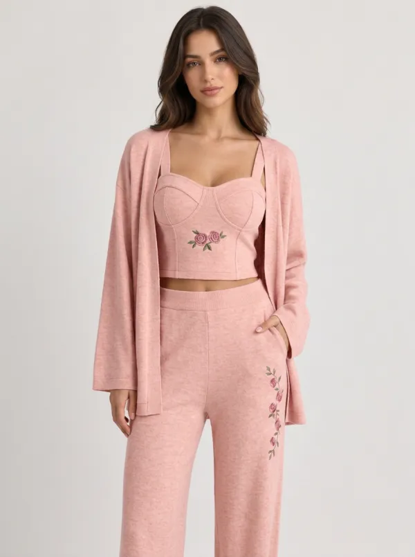 Women's Floral Embroidery Beige Knit Three-Piece Lounge Set