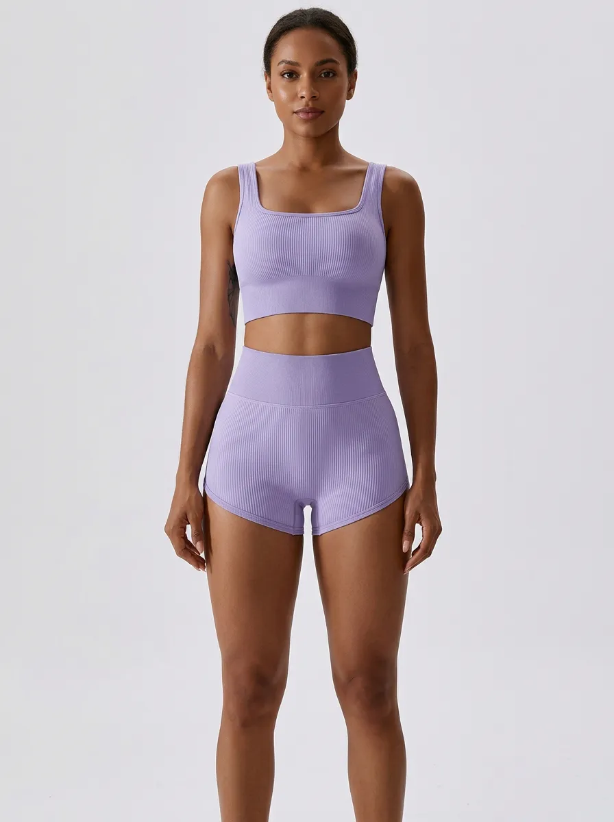 Easy-Wear Ribbed Texture Seamless Design Fit Women's Tank Top And Sports Shorts Set