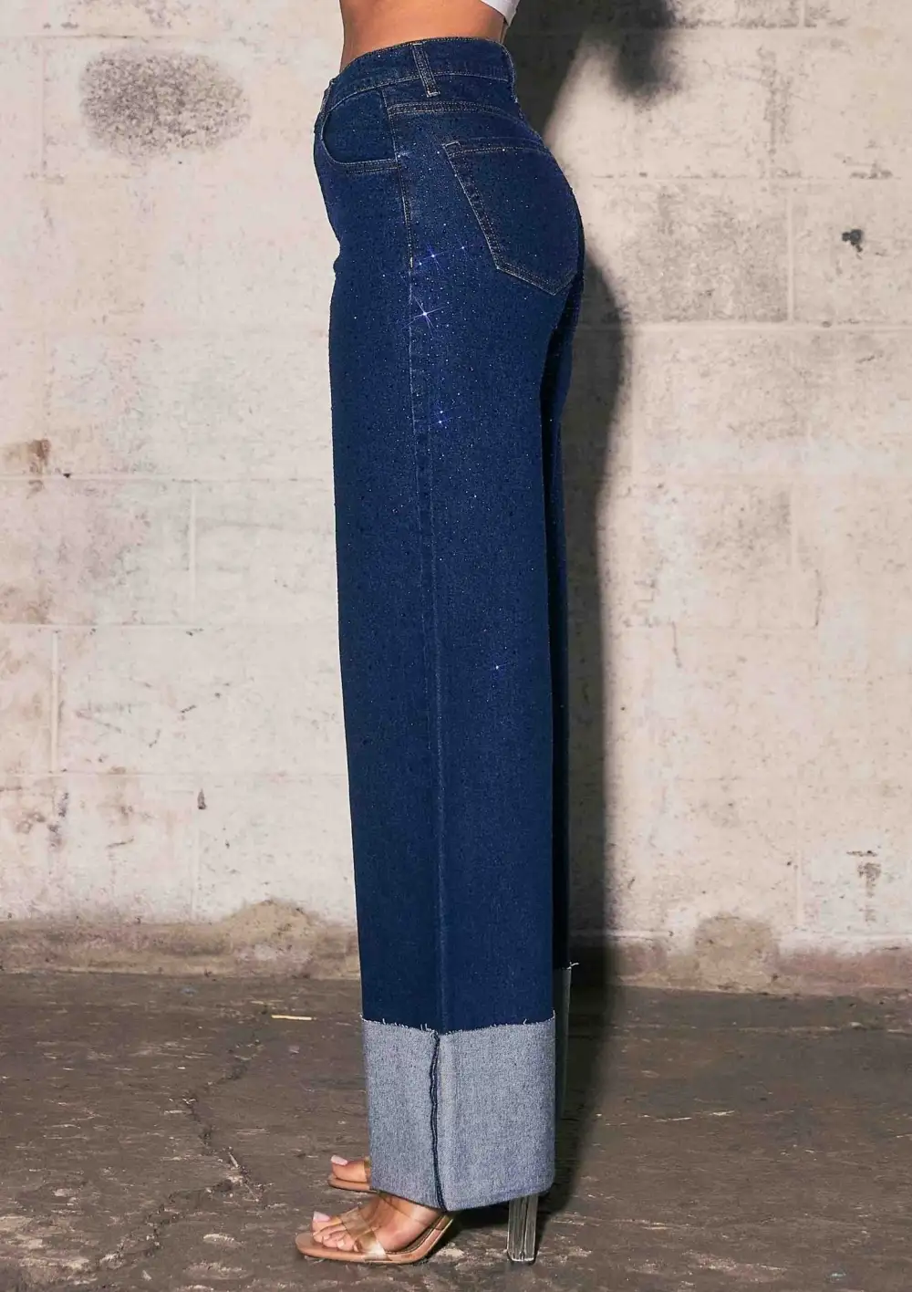 Folded Cuff Rhinestone Wide Leg Jeans