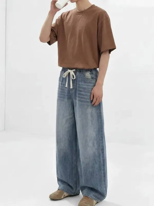 Elastic Drawstring Straight Leg Jeans