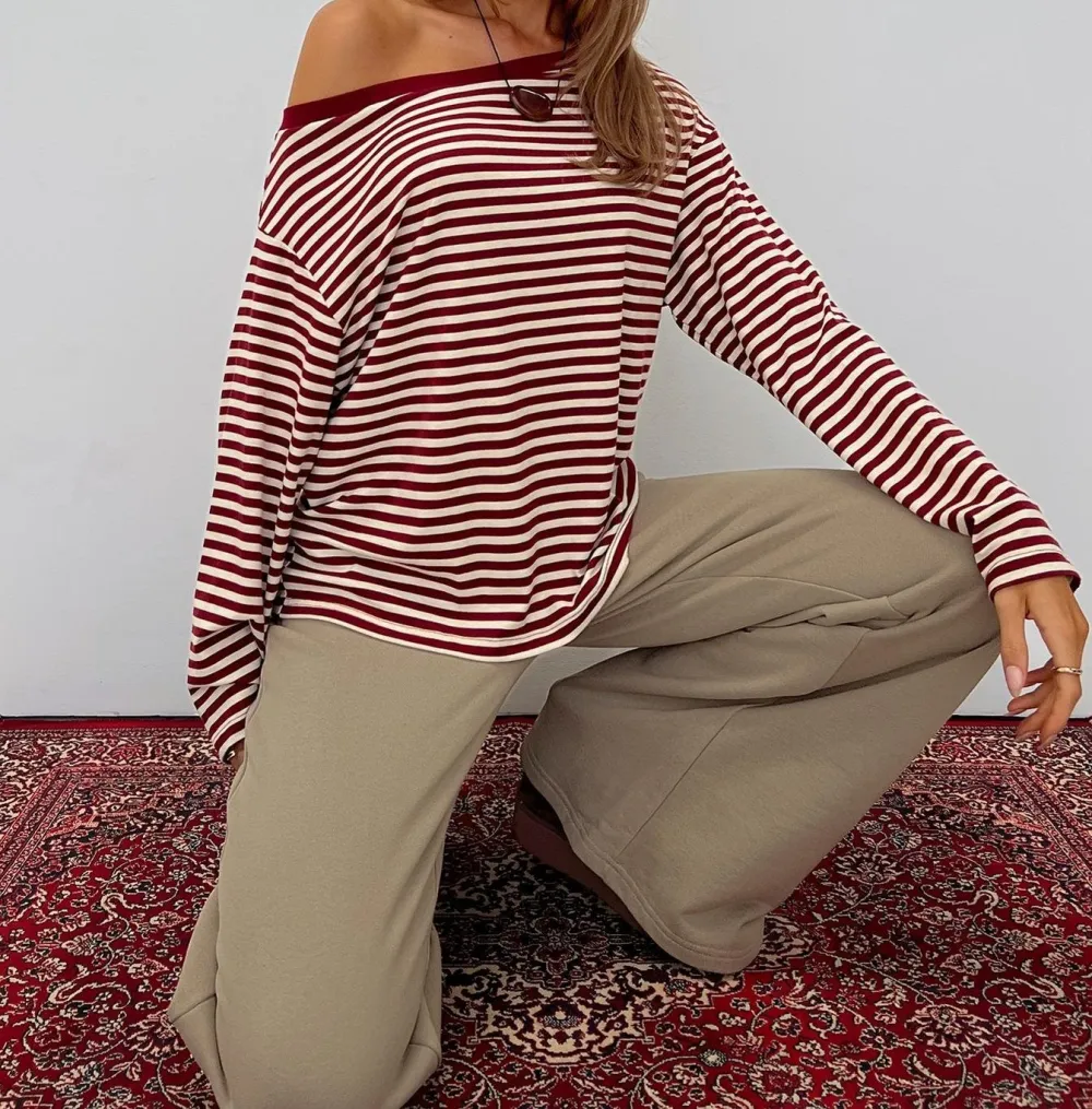 Red Striped Off-Shoulder Long Sleeve Knit Top