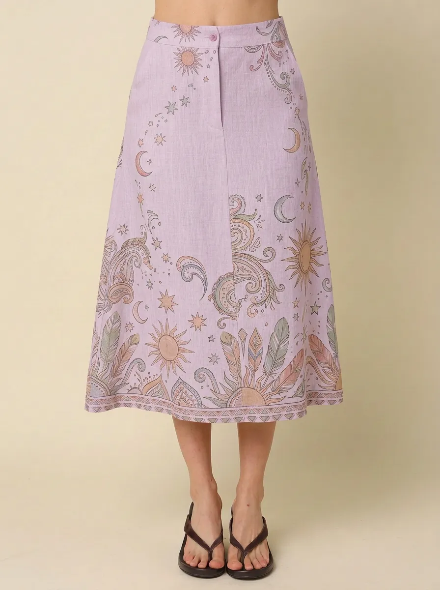 Women's Marina Boho Celestial Sun Moon Feather Printed Skirt