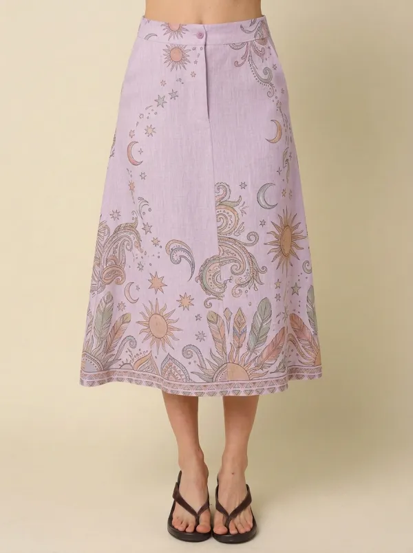 Women's Marina Boho Celestial Sun Moon Feather Printed Skirt