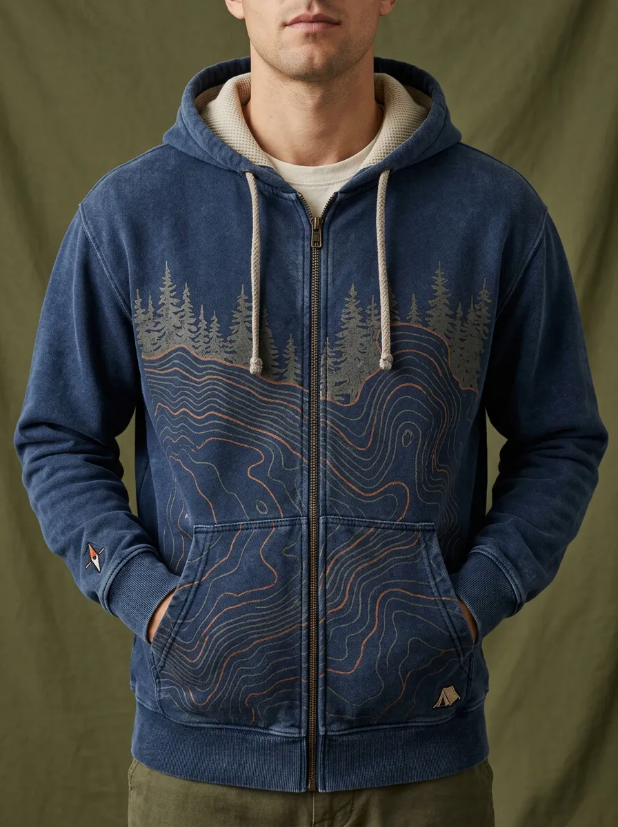 Men's Outdoor Camping Topographic Forest Printed Zip Hoodie