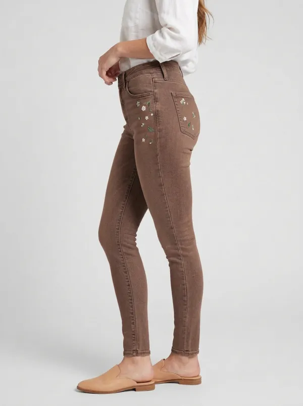 Women's Floral Small Daisy Embroidered Printed Slim Jeans