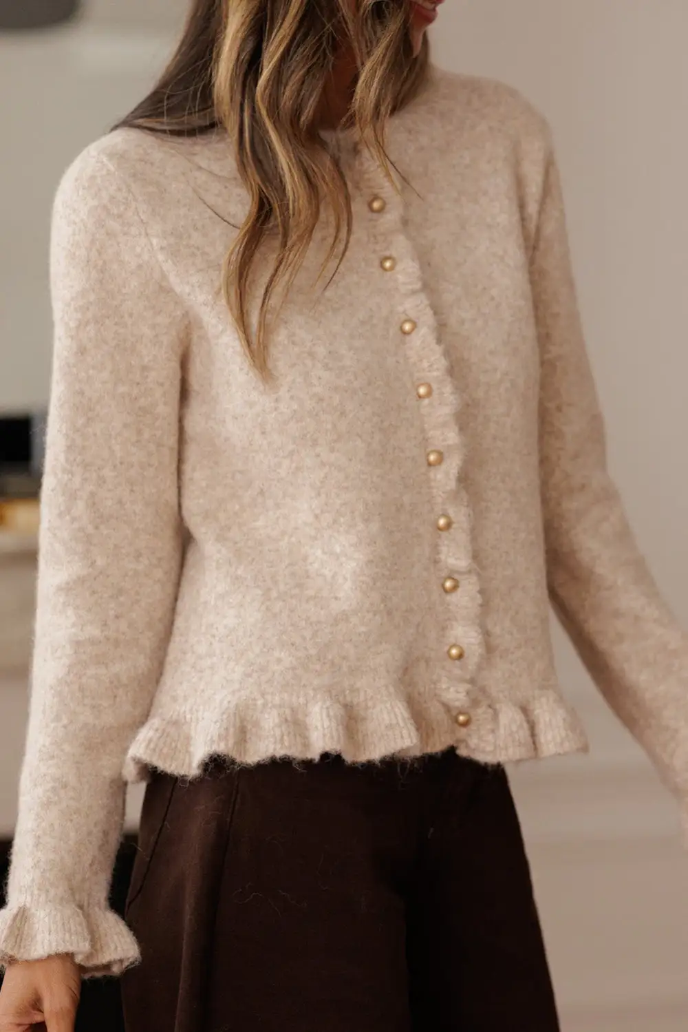 Ruffle Trim Button Front Contrast Trim Cardigan