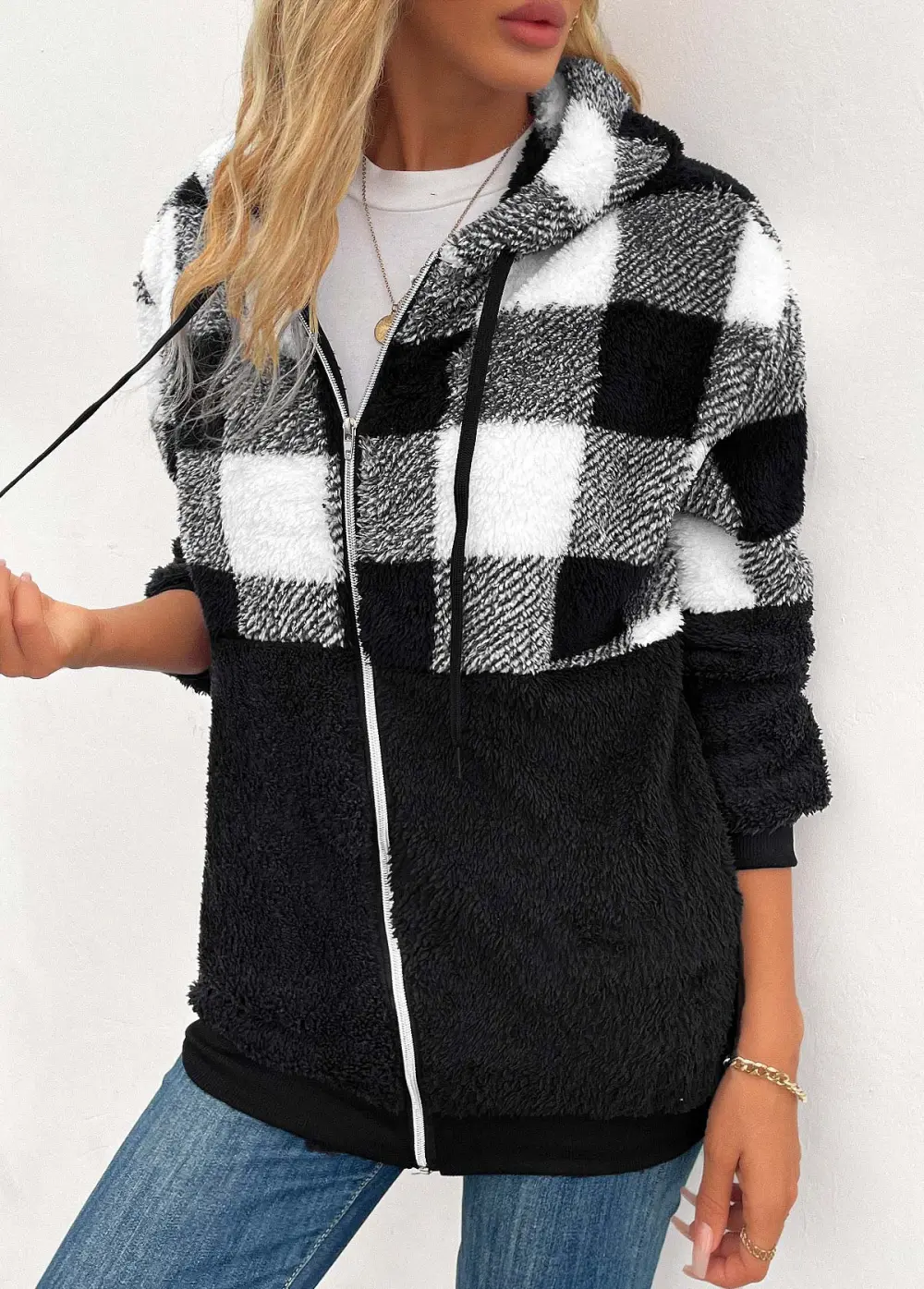 Black Pocket Plaid Long Sleeve Hooded Coat