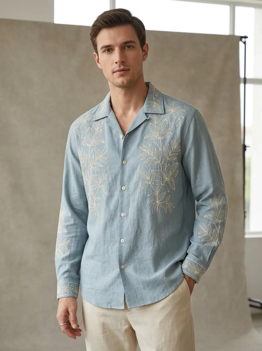 Men's Botanical Embroidered Linen Long Sleeve Shirt