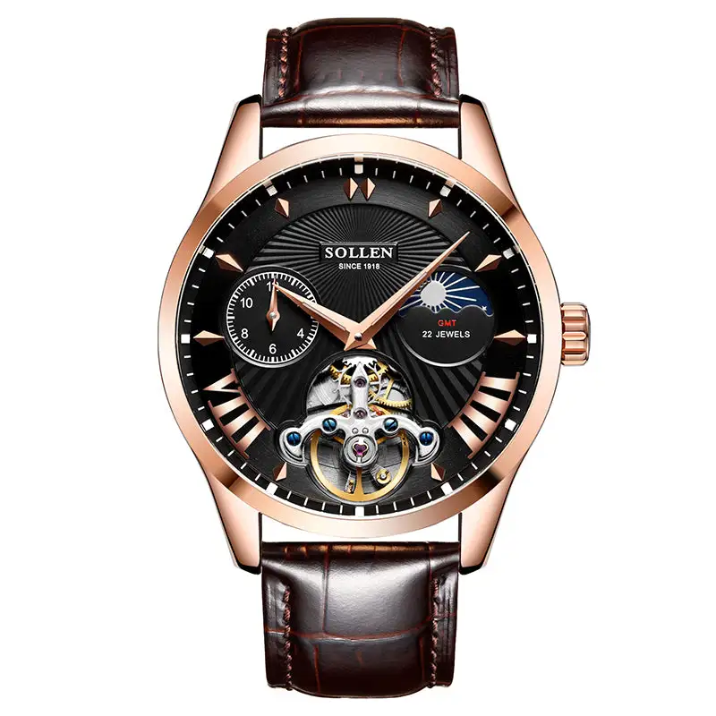 Sollen SL302 Men's Open Heart Automatic Mechanical Watch - 41mm Stainless Steel Case Moon Phase Dual Time Sunburst Dial Wristwatch