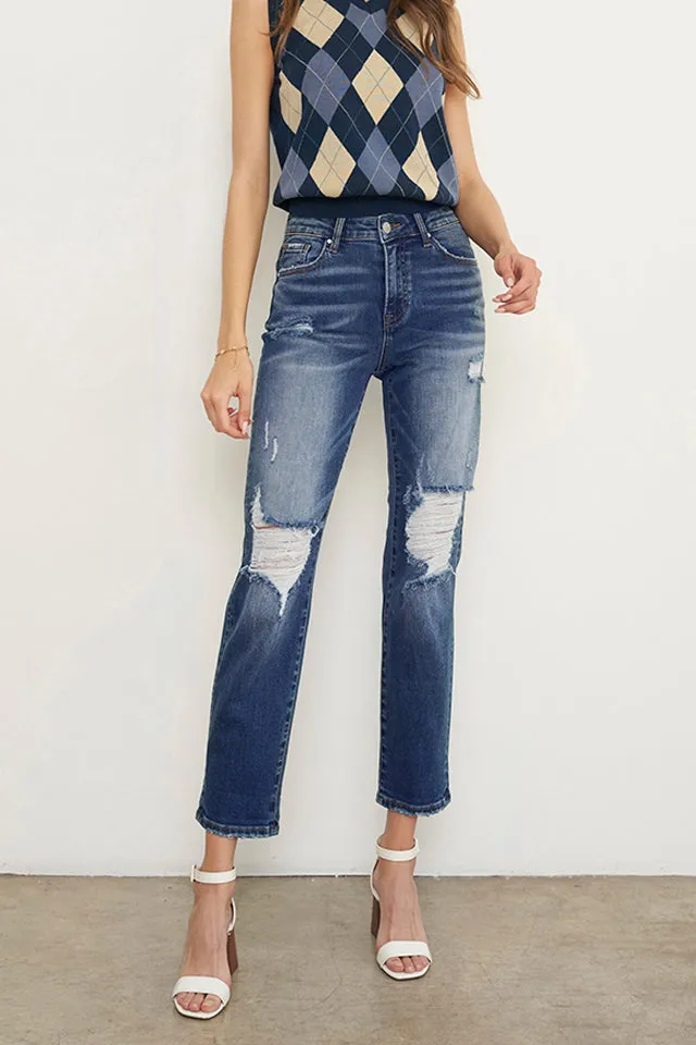 Women's Mid Rise Distressed Ripped Girlfriend Stretch Denim Jeans