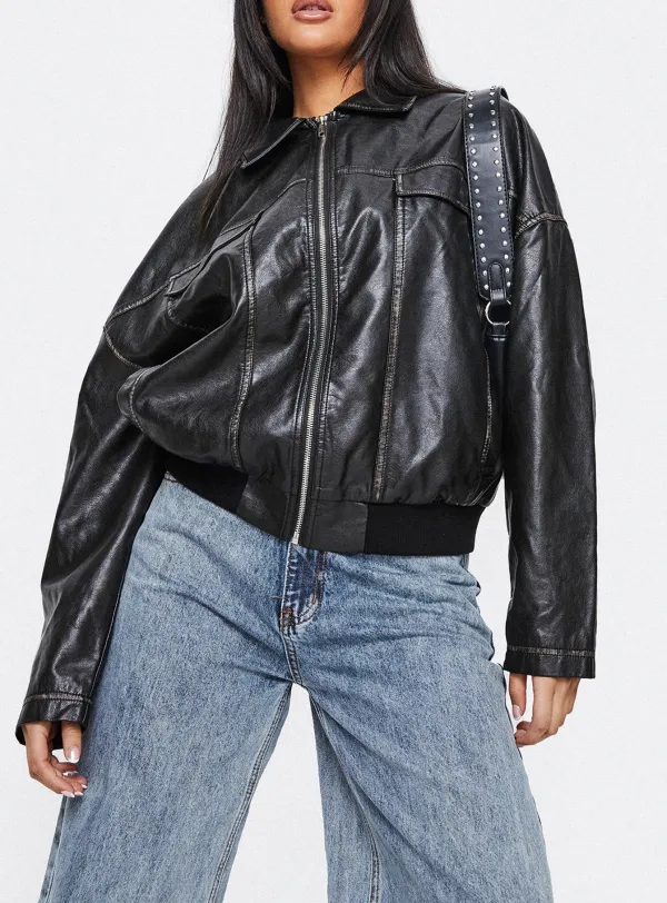 Brown Faux Leather Bomber Jacket