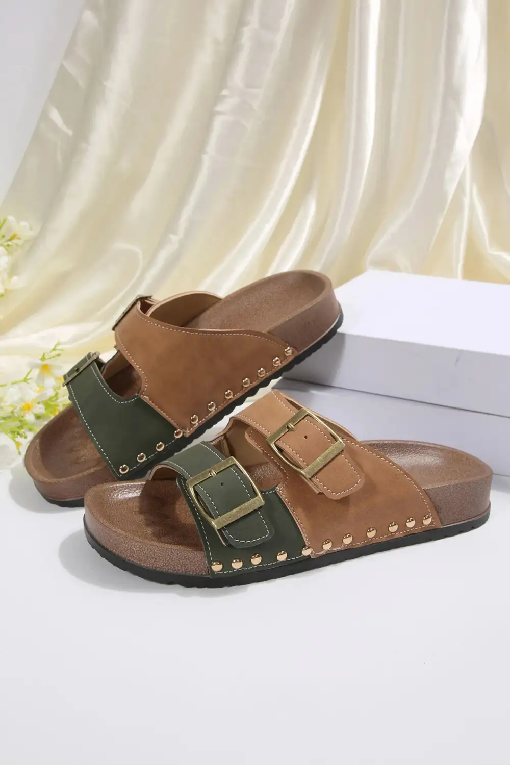 Studded Leather Buckle Strappy Flat Sandals