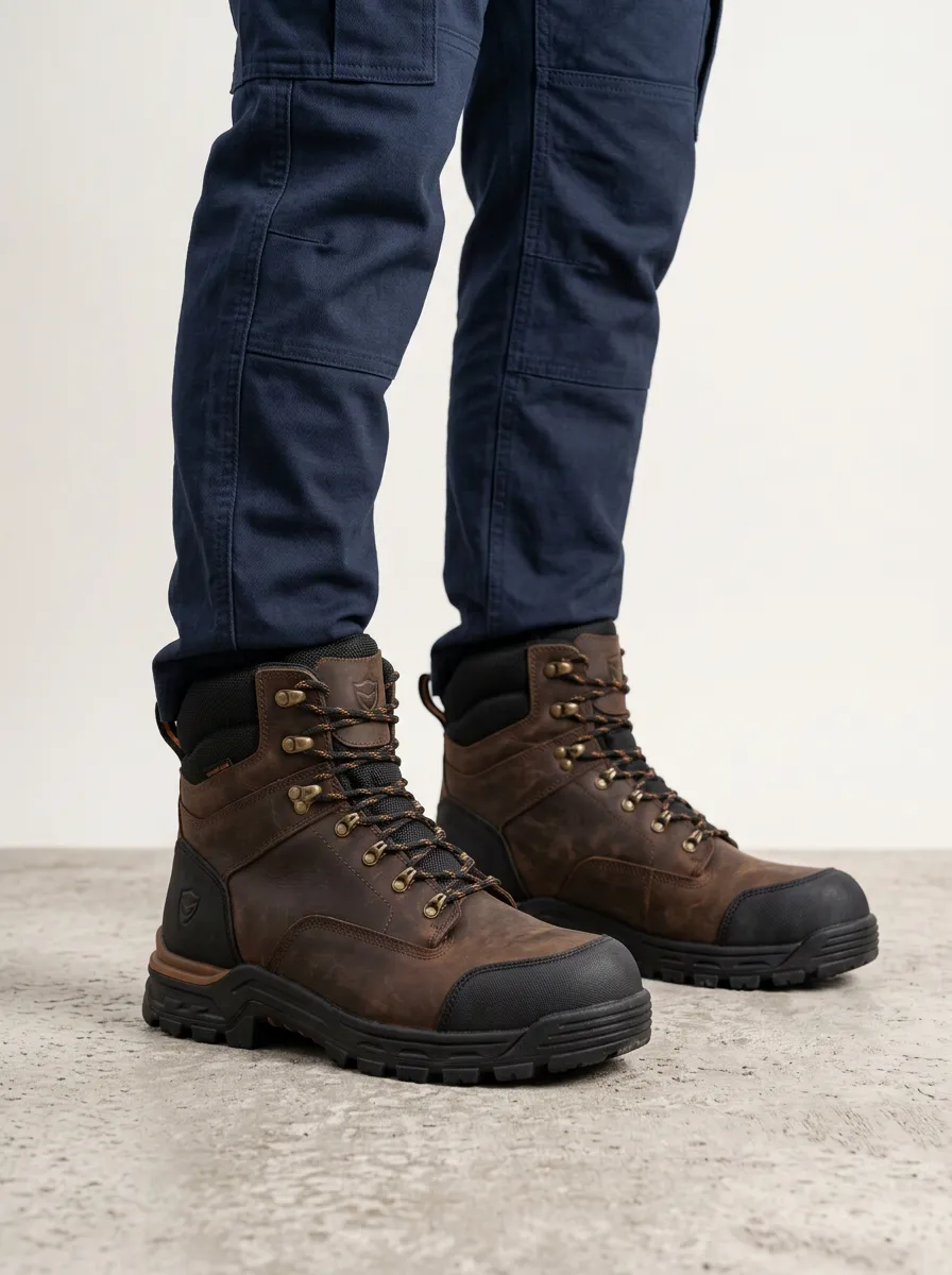 Unisex Waterproof Brown Leather Waterproof Construction Work Boots
