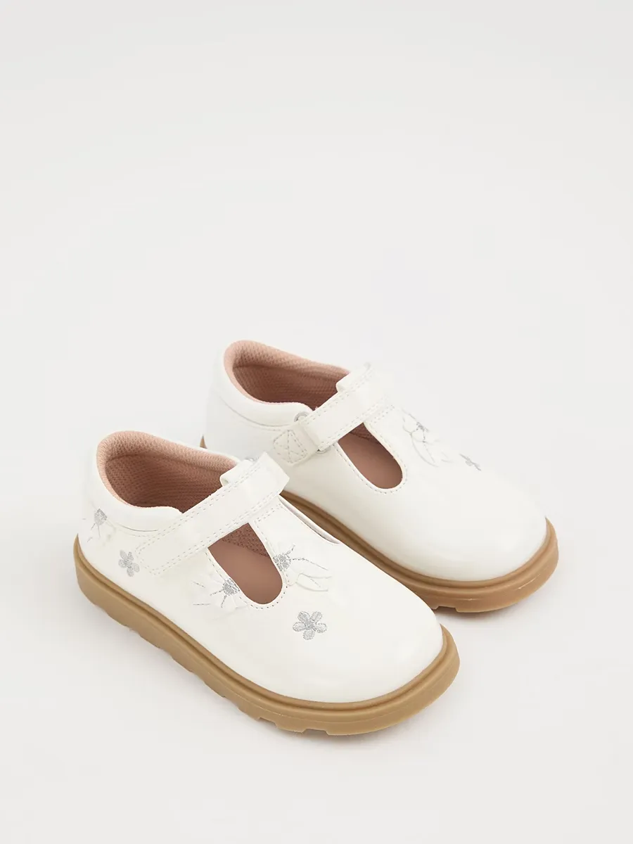 White Floral Appliqué T-Bar Shoes