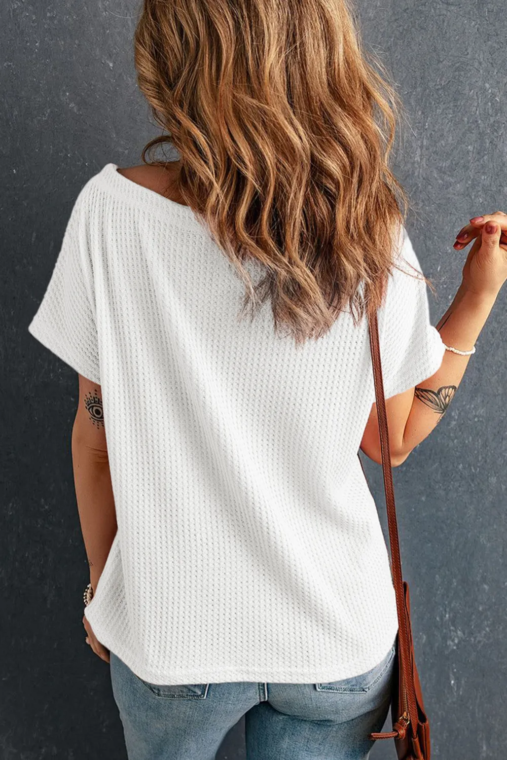 White Waffle Knit Boat Neck Top