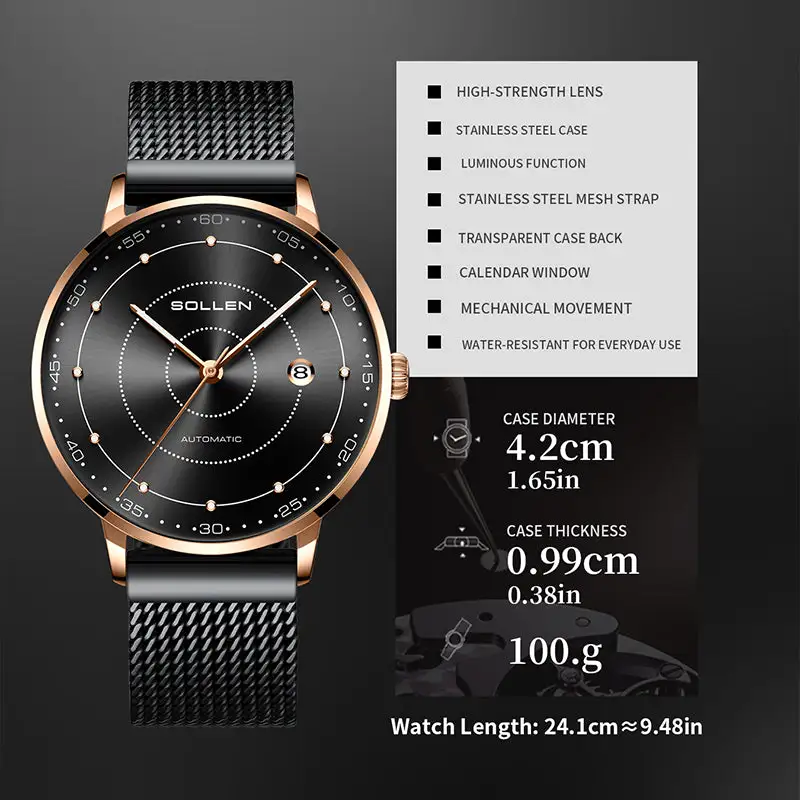 Sollen SL312 Men's Classic Automatic Mechanical Watch - 42mm Stainless Steel Case Slim 9.9mm Luminous Dot Markers Date Window Mesh Bracelet Wristwatch
