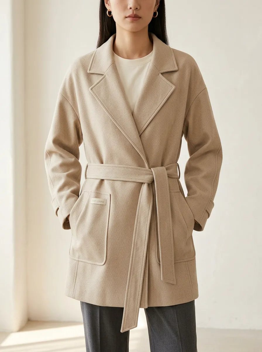 Notched Lapel Belted Wool Blend Overcoat Jacket