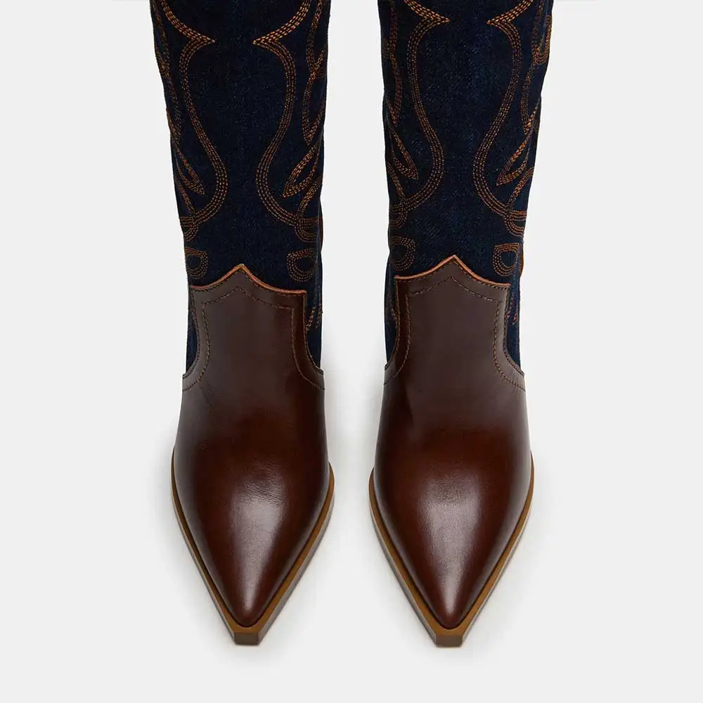 Faux-Leather Denim Embroidered Patchwork Knee-High Boots