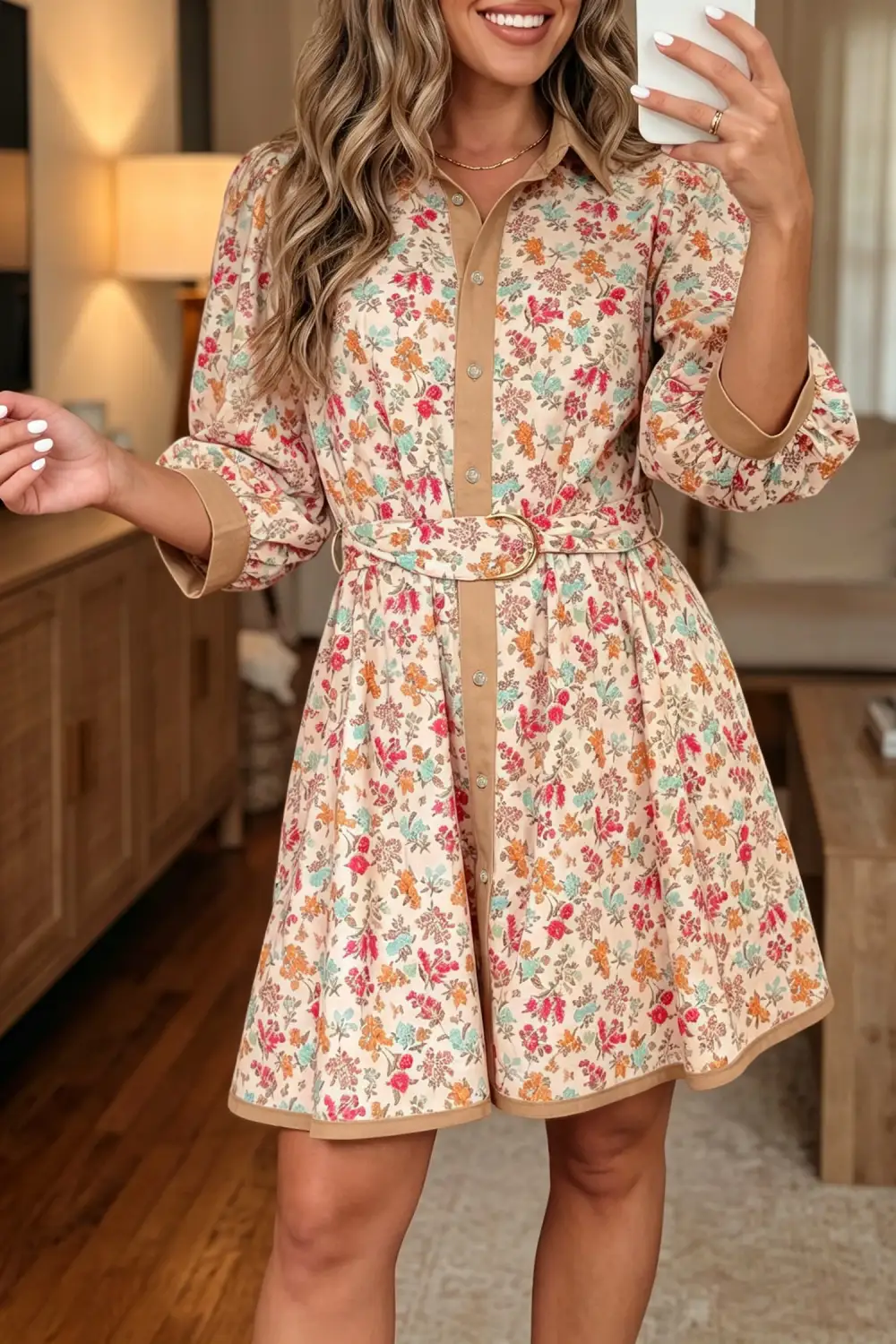 Women's Floral Print Colorblock Tie Waist Mini Dress