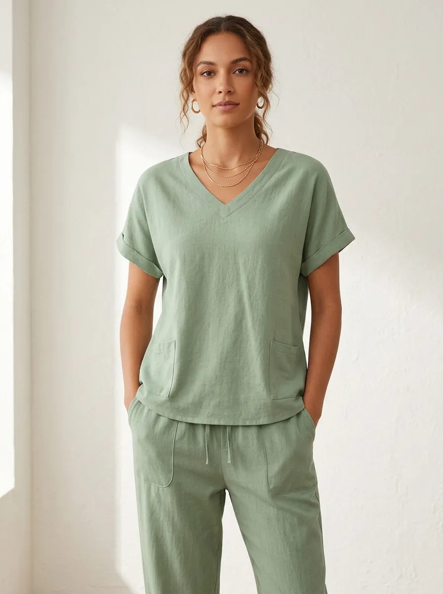 Short-Sleeve Cuffed-Sleeve Cotton-Blend Women's V-Neck Shirt